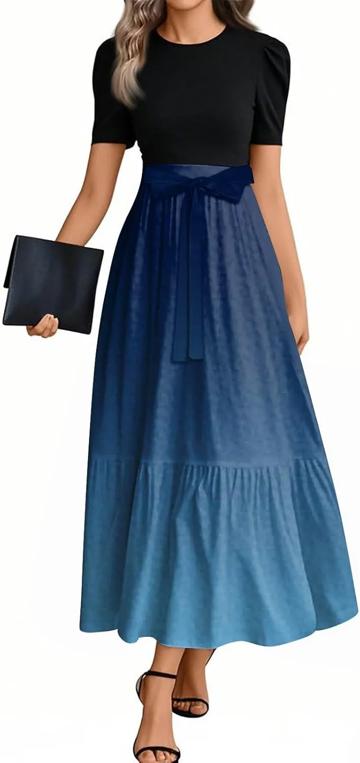 Modest Dresses for Women 2025 Puff Short Sleeve Floral Summer Church Sundress Retro Wedding Guest Dress with Belt