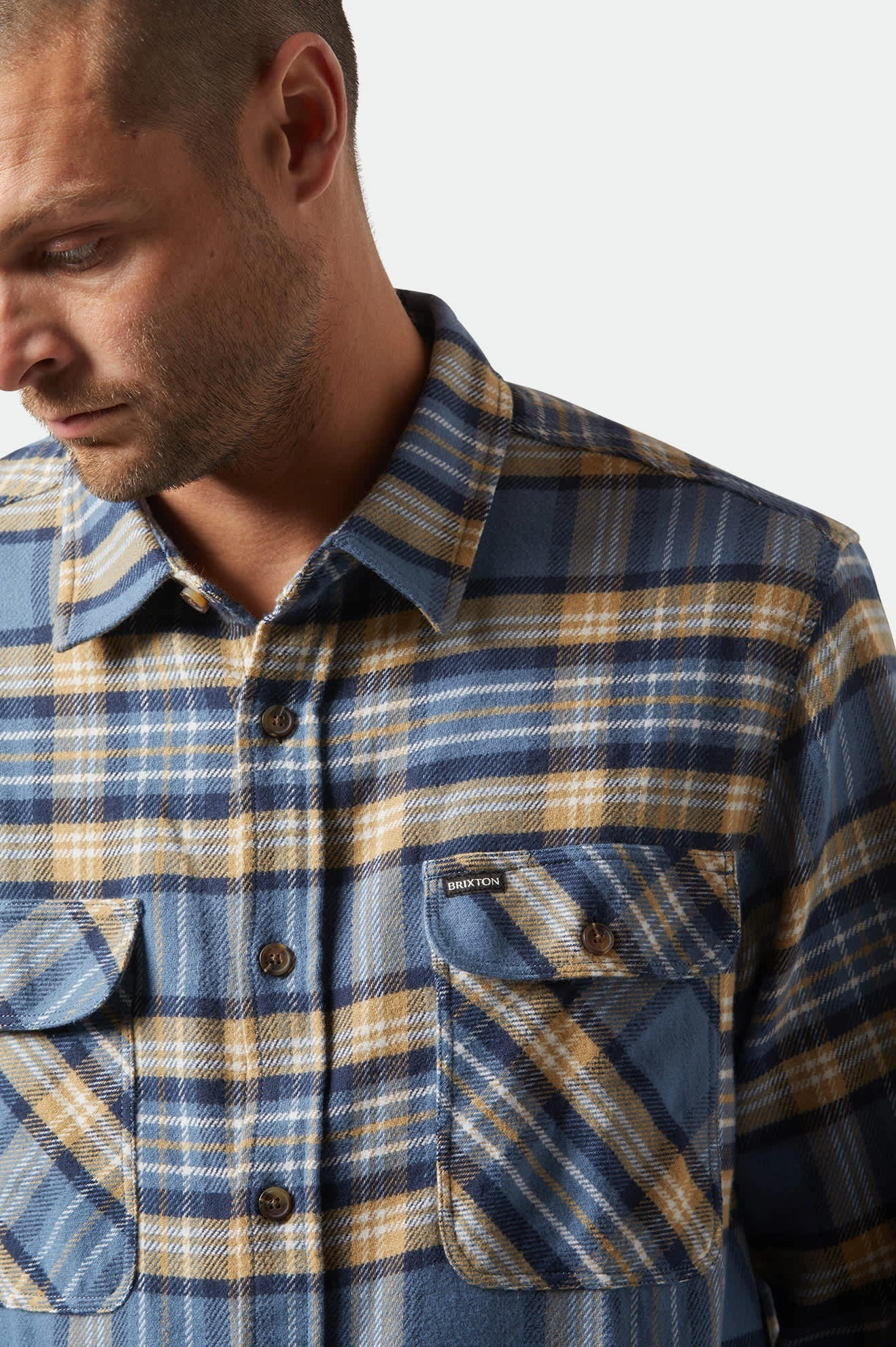 Sustainable fashion Bowery L/S Flannel - Azure Blue/Washed Navy/Sand