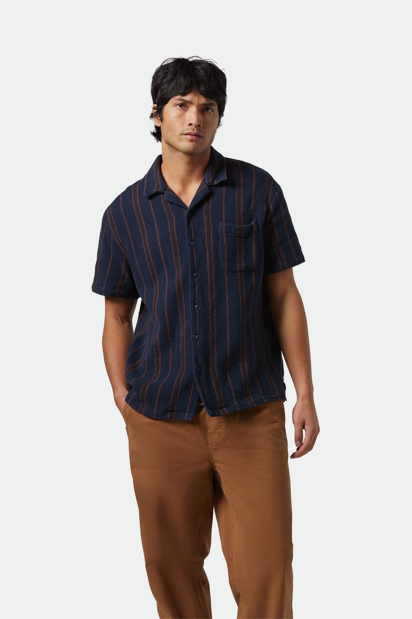 Bunker Waffle Stripe S/S Camp Collar Shirt - Washed Navy Stripe Comfort Stretch Quick Release Cuffs
