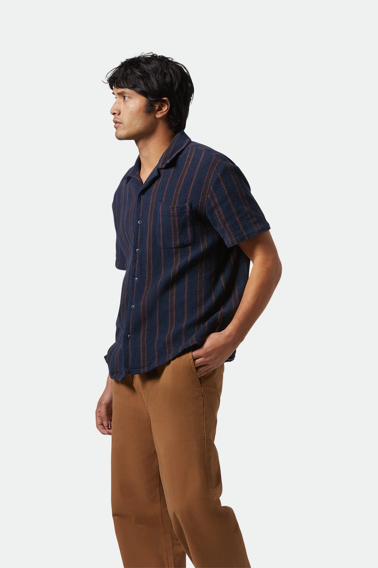Bunker Waffle Stripe S/S Camp Collar Shirt - Washed Navy Stripe Ventilated Back Panel Eco Friendly Material