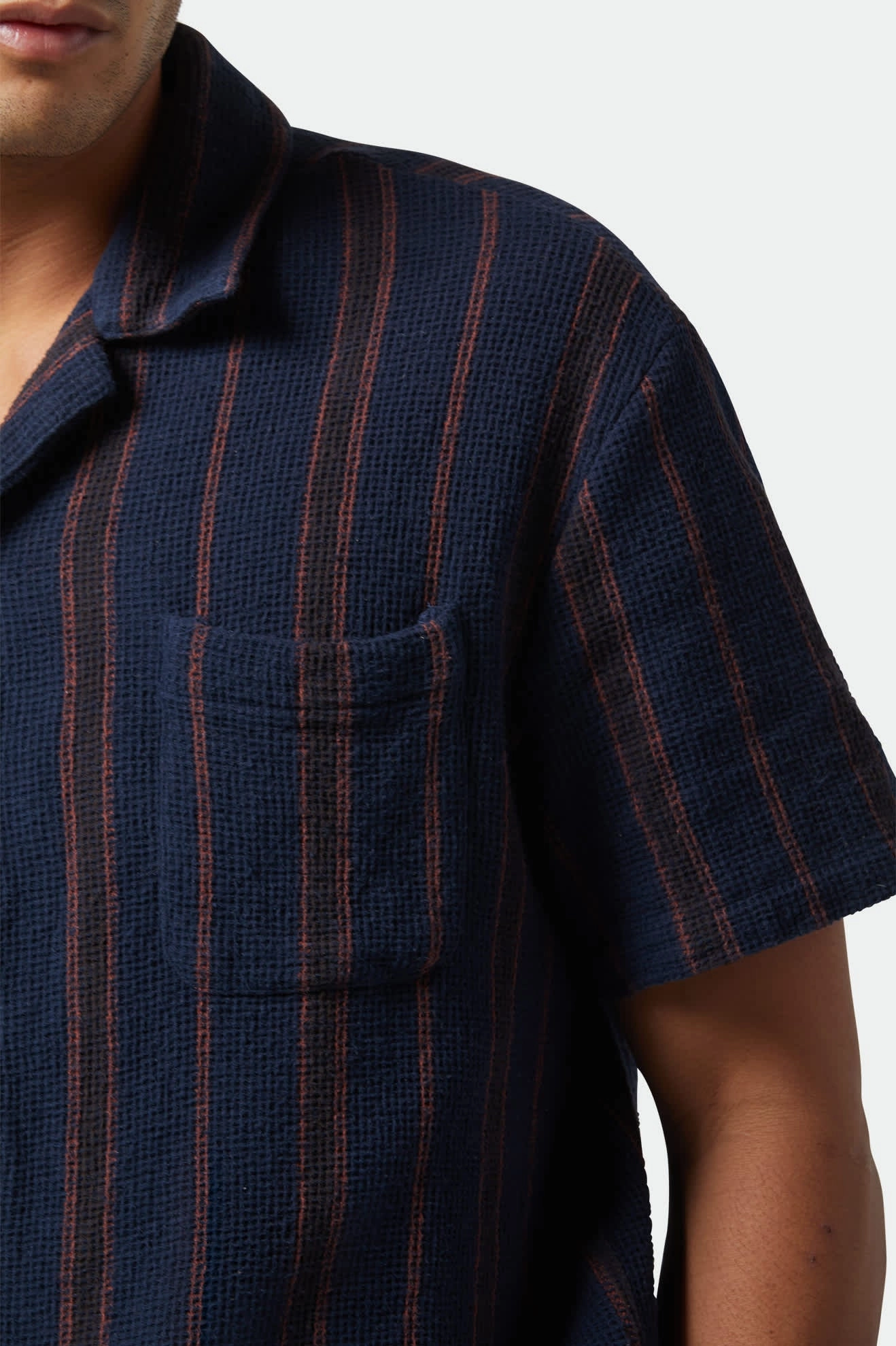 Bunker Waffle Stripe S/S Camp Collar Shirt - Washed Navy Stripe Indoor Comfort