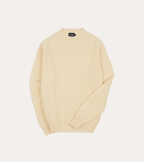 Ecru Brushed Shetland Cable Knit Crew Neck Jumper Low Maintenance Knit Brushed Interior