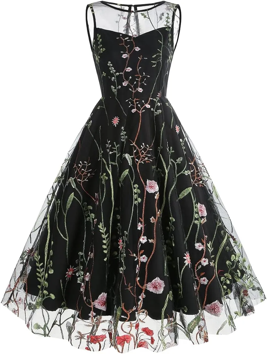 Mommy and Me Matching Floral Dresses Mom and Daughter Mesh Flower Embroidered Dress Women Girls Summer Tulle Embroidery Dress