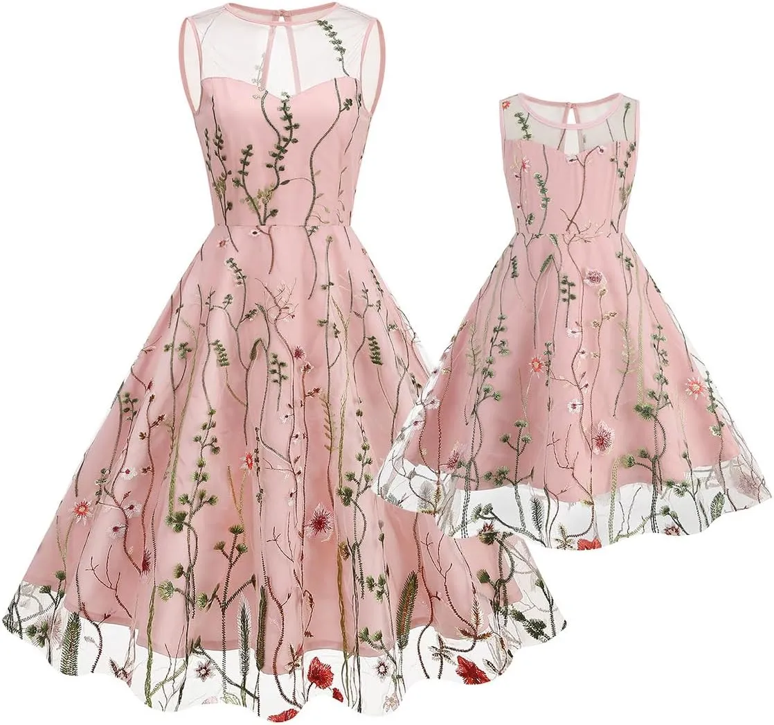 Mommy and Me Matching Floral Dresses Mom and Daughter Mesh Flower Embroidered Dress Women Girls Summer Tulle Embroidery Dress