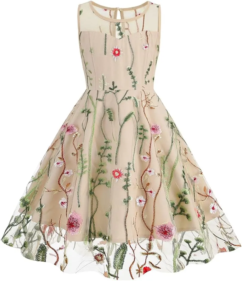 Mommy and Me Matching Floral Dresses Mom and Daughter Mesh Flower Embroidered Dress Women Girls Summer Tulle Embroidery Dress