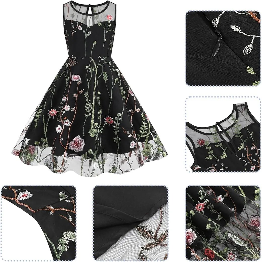 Mommy and Me Matching Floral Dresses Mom and Daughter Mesh Flower Embroidered Dress Women Girls Summer Tulle Embroidery Dress
