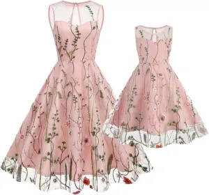 Mommy and Me Matching Floral Dresses Mom and Daughter Mesh Flower Embroidered Dress Women Girls Summer Tulle Embroidery Dress