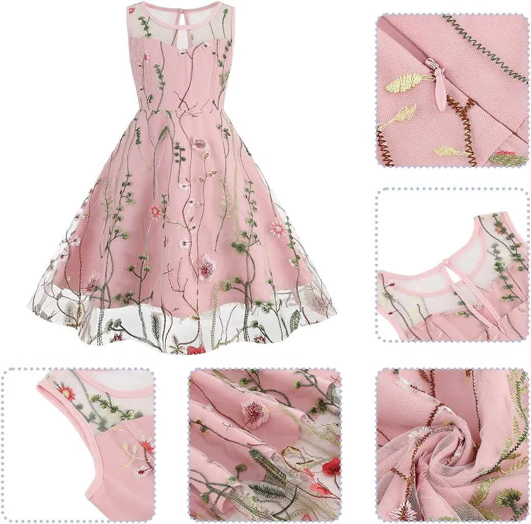 Mommy and Me Matching Floral Dresses Mom and Daughter Mesh Flower Embroidered Dress Women Girls Summer Tulle Embroidery Dress