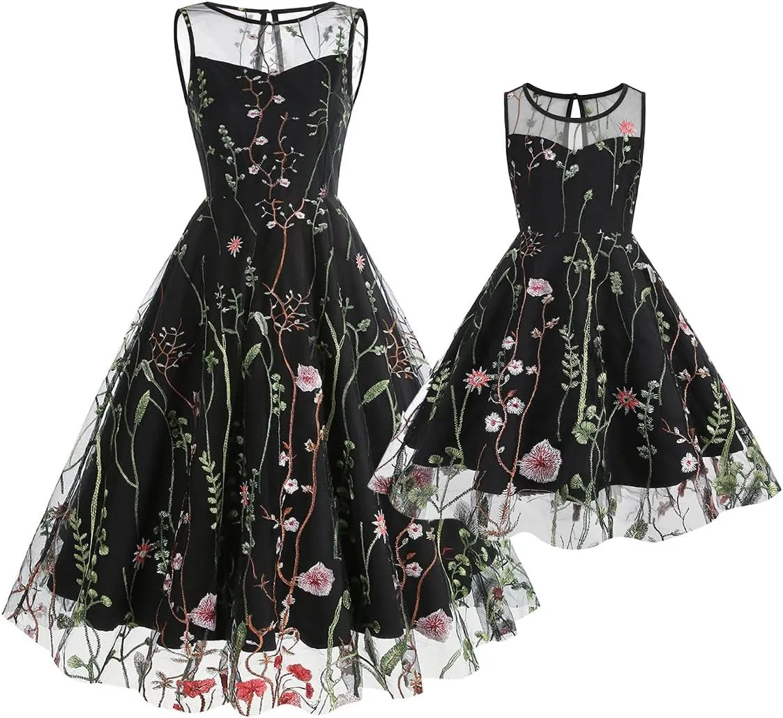 Mommy and Me Matching Floral Dresses Mom and Daughter Mesh Flower Embroidered Dress Women Girls Summer Tulle Embroidery Dress