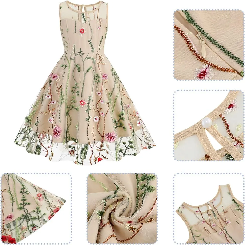 Mommy and Me Matching Floral Dresses Mom and Daughter Mesh Flower Embroidered Dress Women Girls Summer Tulle Embroidery Dress