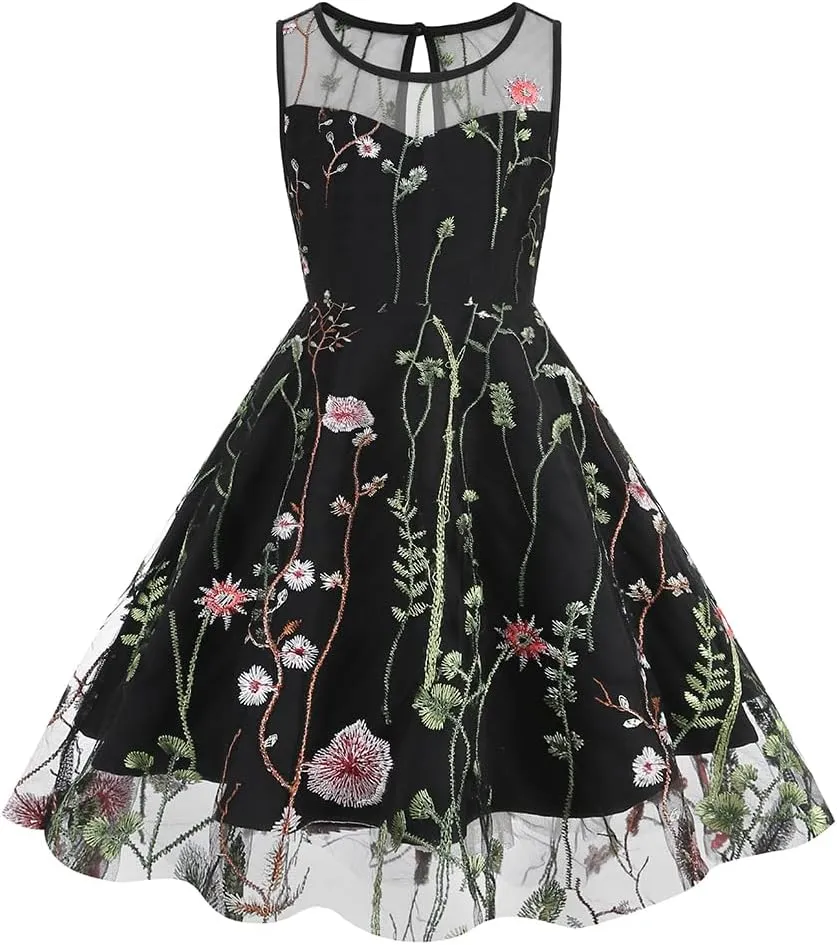 Mommy and Me Matching Floral Dresses Mom and Daughter Mesh Flower Embroidered Dress Women Girls Summer Tulle Embroidery Dress