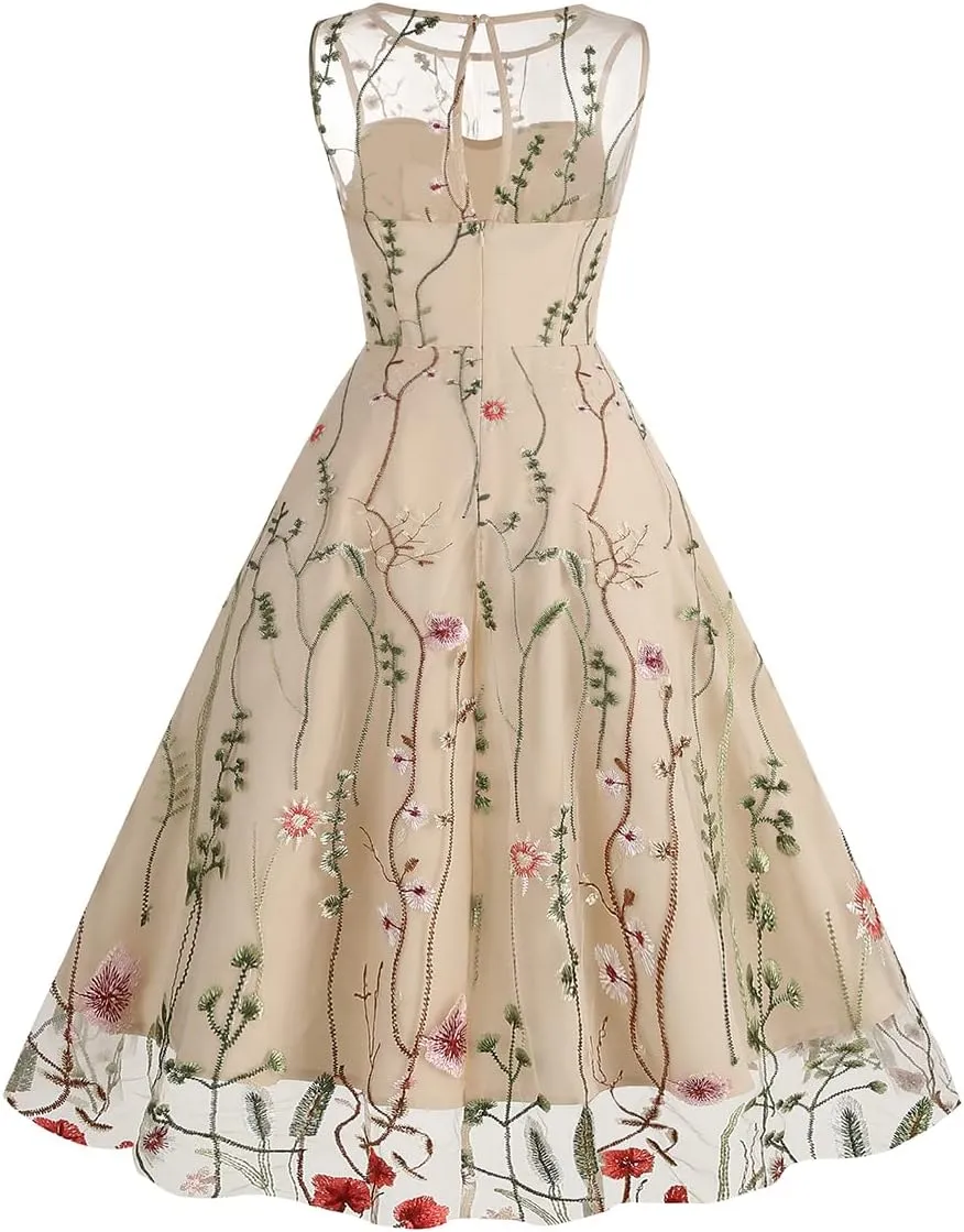 Mommy and Me Matching Floral Dresses Mom and Daughter Mesh Flower Embroidered Dress Women Girls Summer Tulle Embroidery Dress