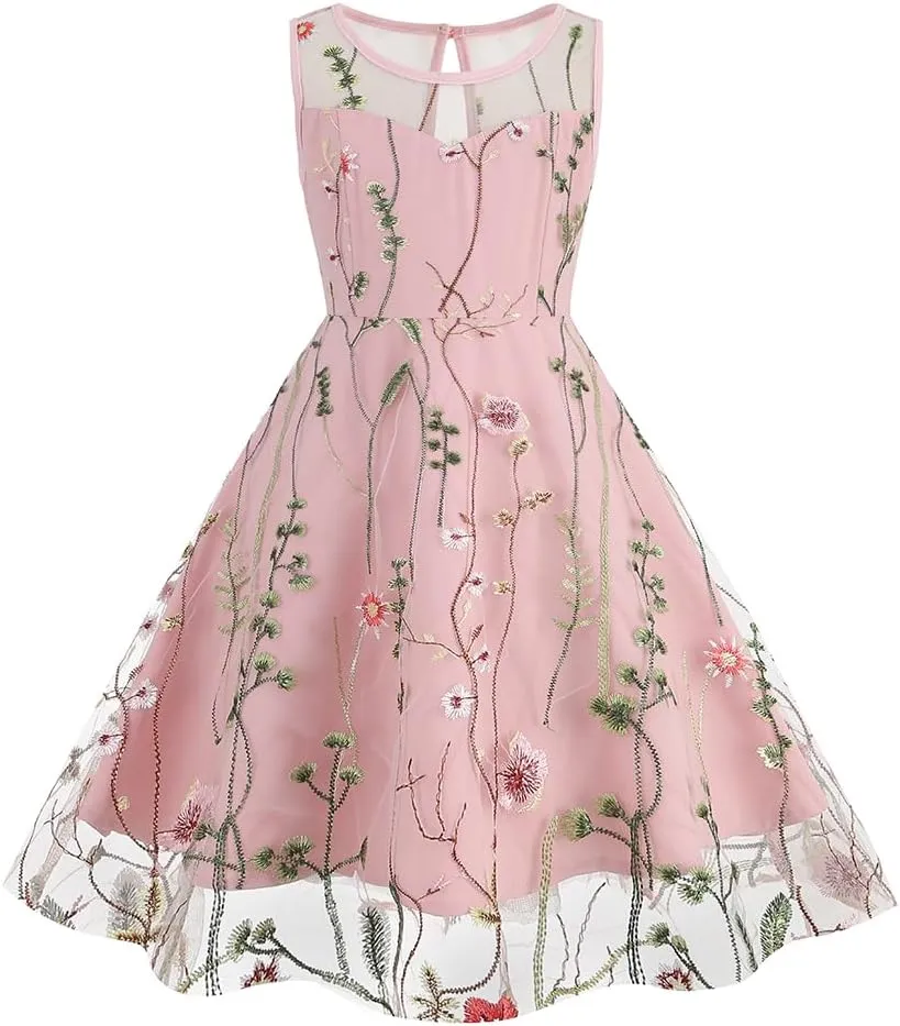 Mommy and Me Matching Floral Dresses Mom and Daughter Mesh Flower Embroidered Dress Women Girls Summer Tulle Embroidery Dress