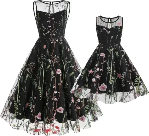 Mommy and Me Matching Floral Dresses Mom and Daughter Mesh Flower Embroidered Dress Women Girls Summer Tulle Embroidery Dress