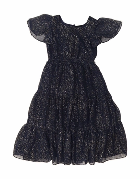 MONSOON Girls A-Line Dress 6-7 Years Navy Blue Flecked Polyester Sleek Texture Subtle Motion