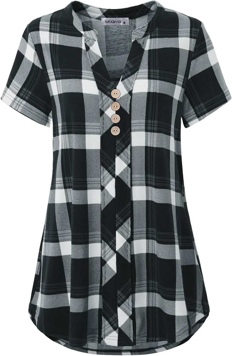 MOQIVGI Womens Notch Neck Short Sleeve Plaid Shirts Checkered Blouse Tops