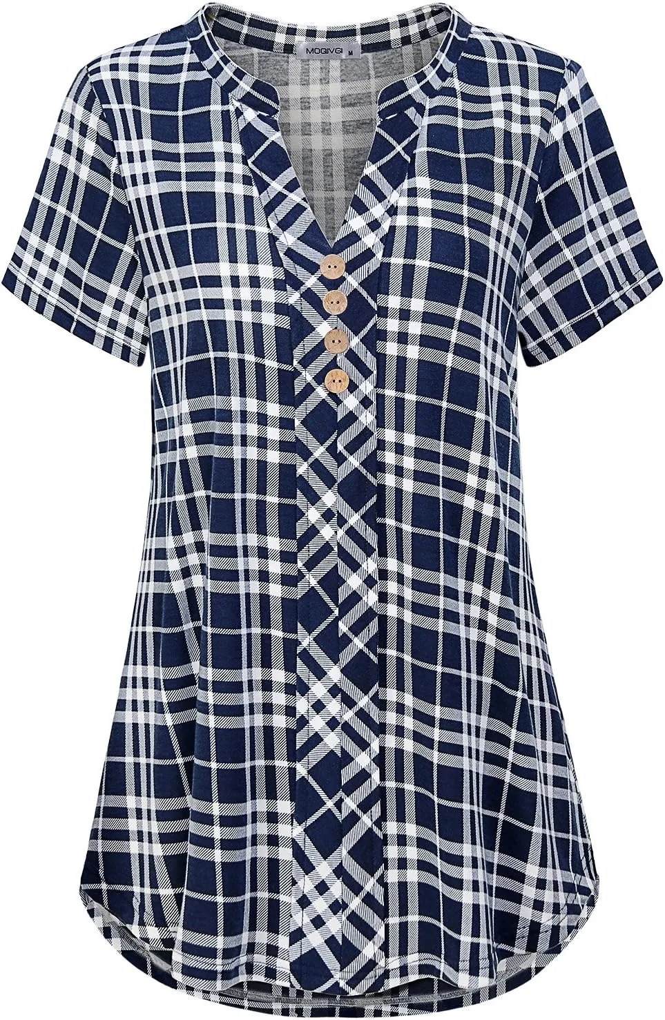 MOQIVGI Womens Notch Neck Short Sleeve Plaid Shirts Checkered Blouse Tops
