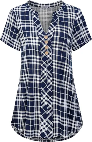MOQIVGI Womens Notch Neck Short Sleeve Plaid Shirts Checkered Blouse Tops