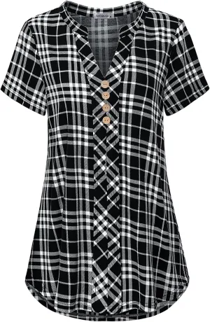 MOQIVGI Womens Notch Neck Short Sleeve Plaid Shirts Checkered Blouse Tops