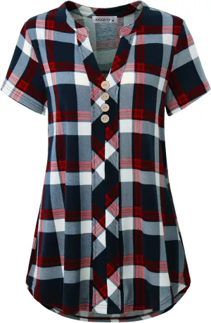 MOQIVGI Womens Notch Neck Short Sleeve Plaid Shirts Checkered Blouse Tops
