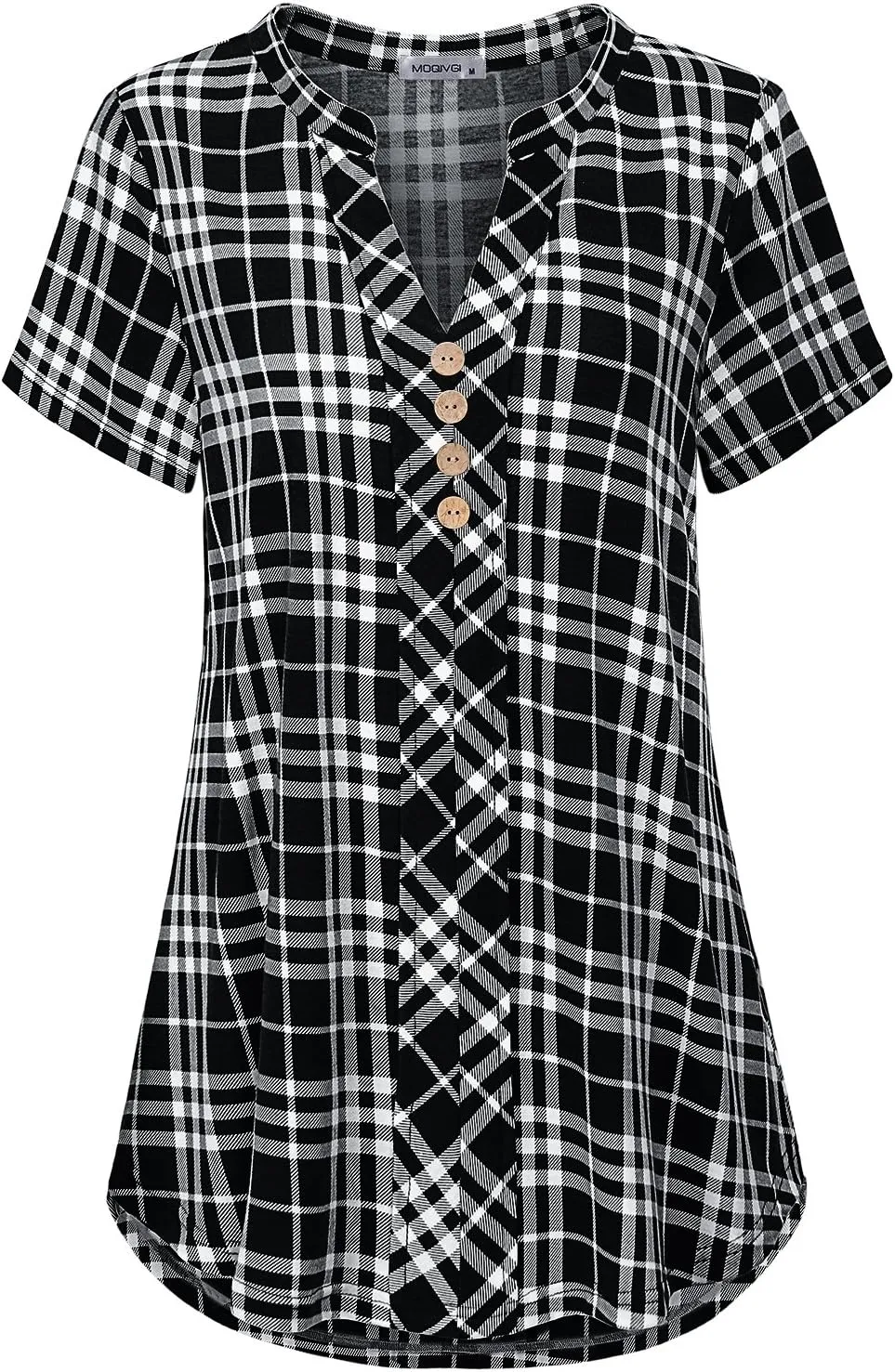 MOQIVGI Womens Notch Neck Short Sleeve Plaid Shirts Checkered Blouse Tops