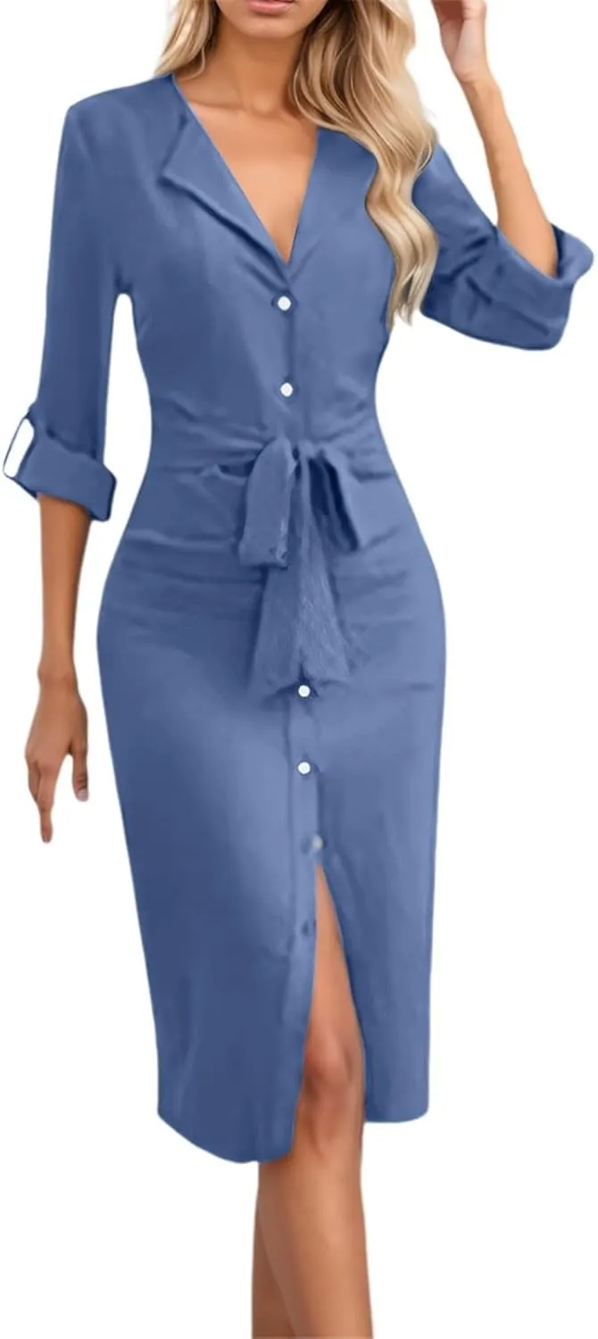 Mother of The Bride Dresses for Women Sexy Elegant Deep V Neck Button Down Tie Waist Business Work Dress Church Outfits