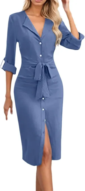 Mother of The Bride Dresses for Women Sexy Elegant Deep V Neck Button Down Tie Waist Business Work Dress Church Outfits