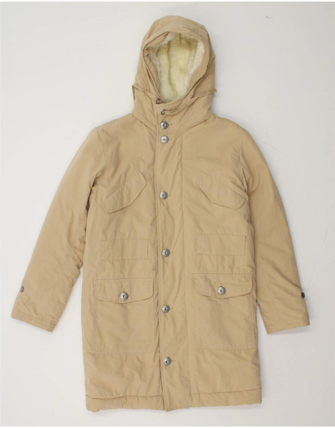 BENETTON Boys Graphic Hooded Windbreaker Coat 9-10 Years Large Beige Casual Warmth Anti Pilling