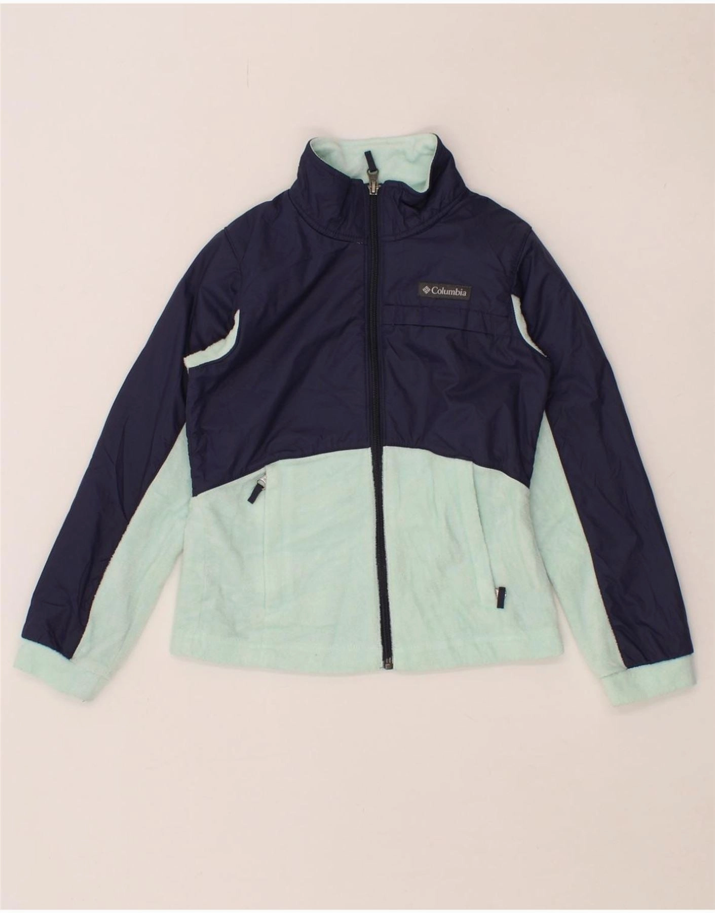 Suede COLUMBIA Girls Graphic Fleece Jacket 7-8 Years Small Turquoise Colourblock