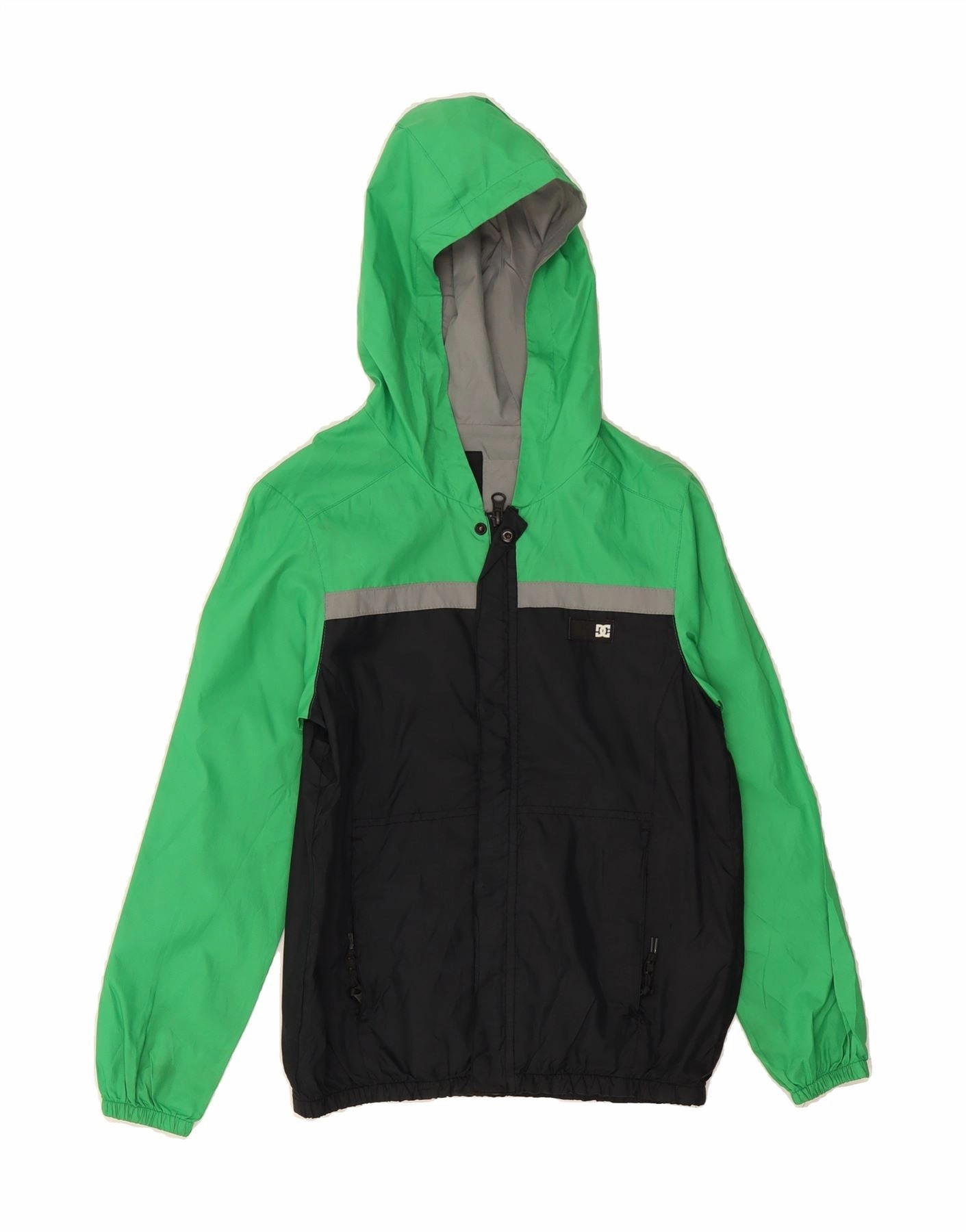 DC Boys Hooded Rain Jacket 8-9 Years Small Green Colourblock Polyester Patch Soft Shell