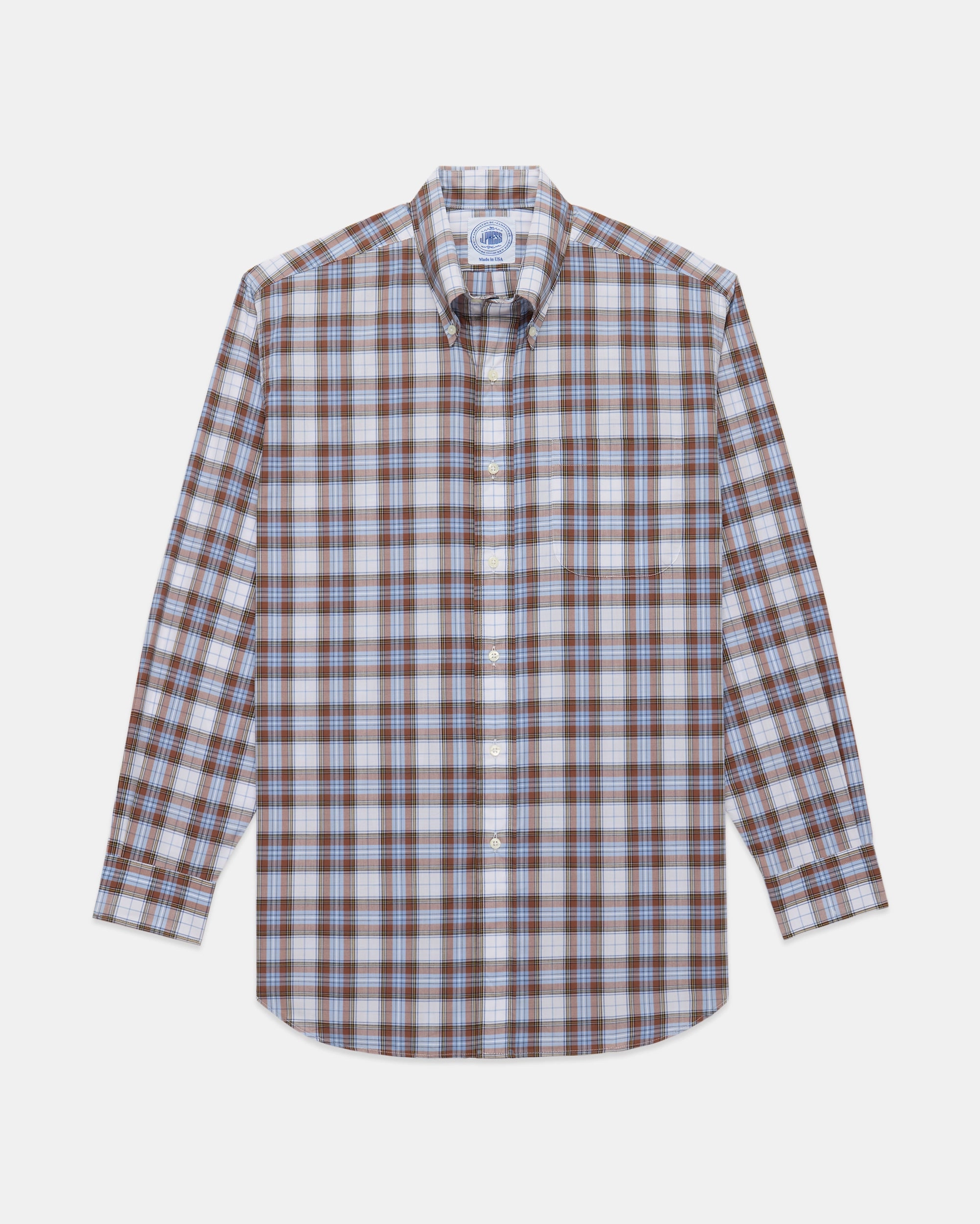 Statement Maker Button Down Design Made-in-USA Brown & Light Blue Plaid Sport Shirt - Classic Fit