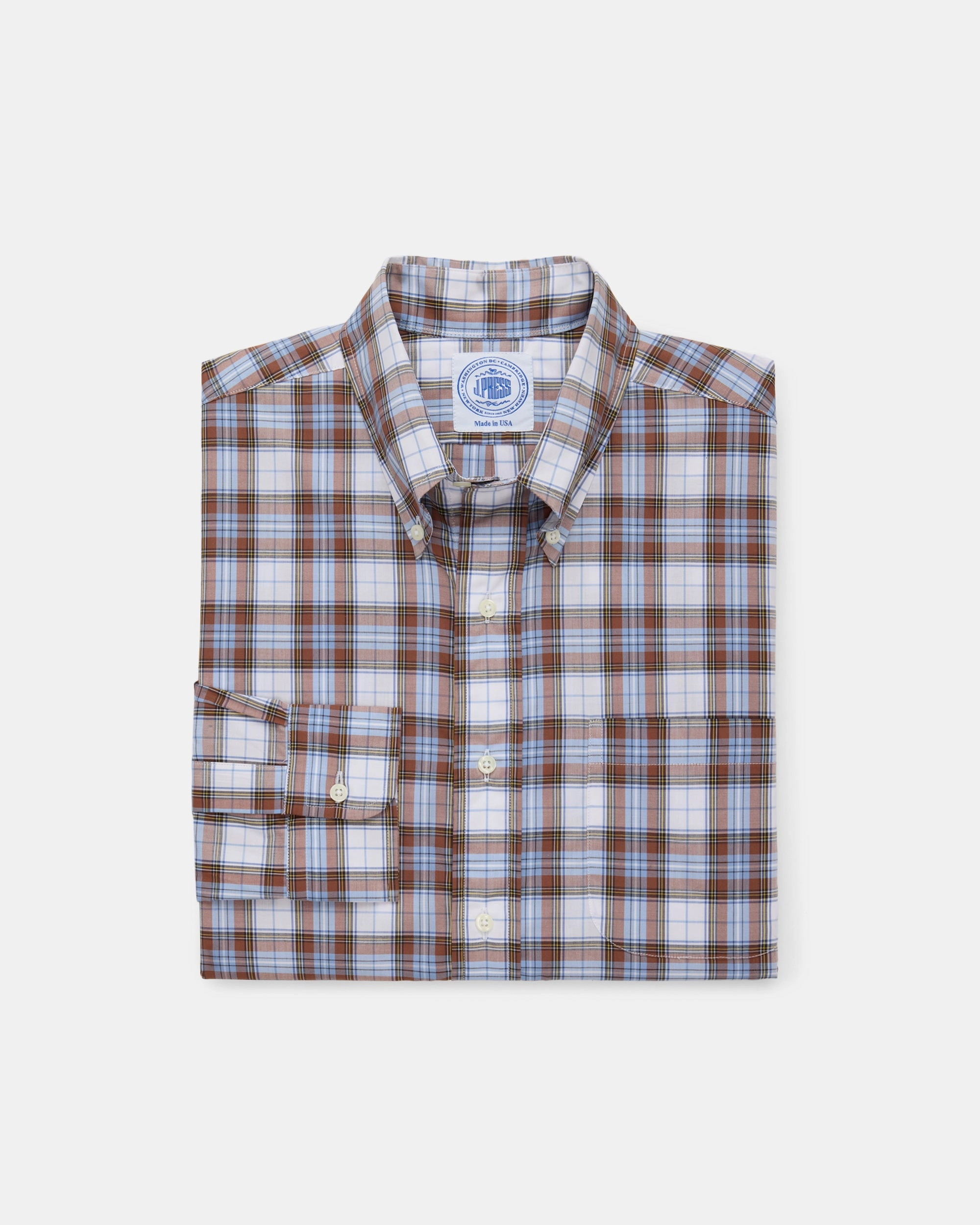 All Purpose Weave Design Loose style Made-in-USA Brown & Light Blue Plaid Sport Shirt - Classic Fit