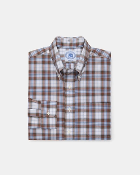 All Purpose Weave Design Loose style Made-in-USA Brown & Light Blue Plaid Sport Shirt - Classic Fit
