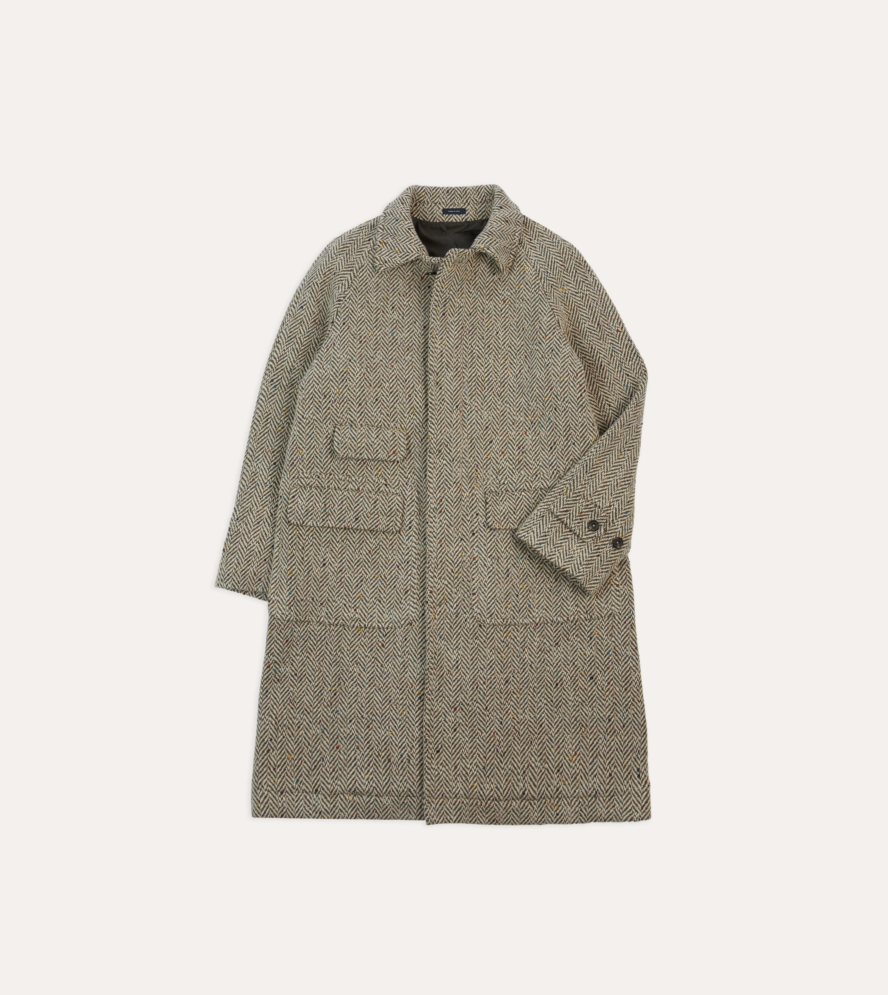 Taupe Herringbone Flecked Wool Raglan Coat Magnetic Closure Casual Outdoor Wear