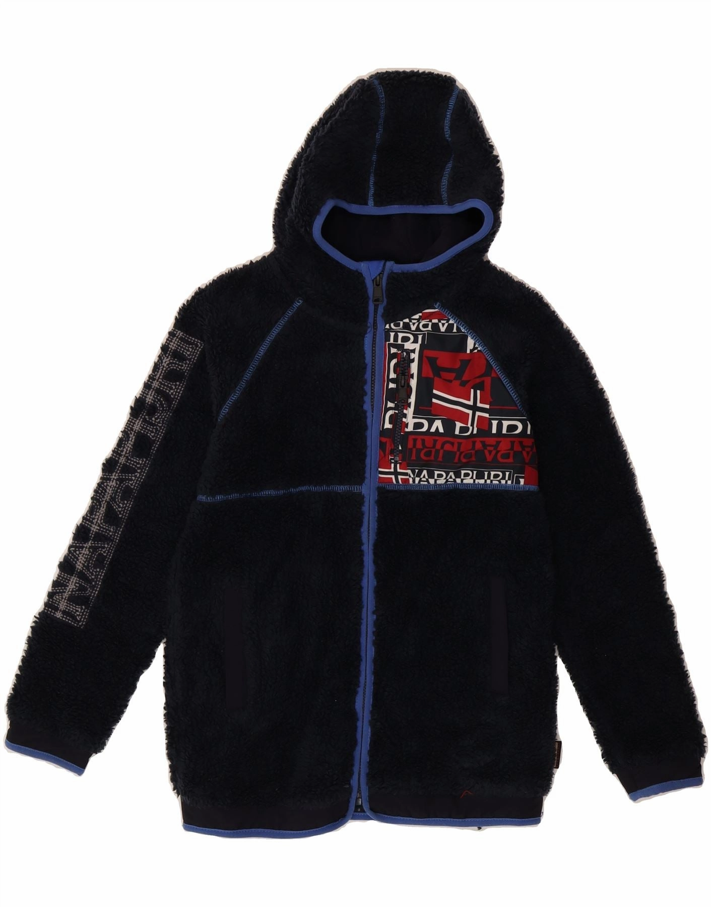 NAPAPIJRI Boys Graphic Hooded Fleece Jacket 13-14 Years Navy Blue Outdoor Active Discuss