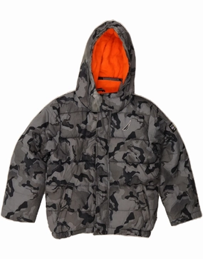 NAUTICA Boys Hooded Padded Jacket 5-6 Years Large Grey Camouflage Relaxed Fit Chilly Air