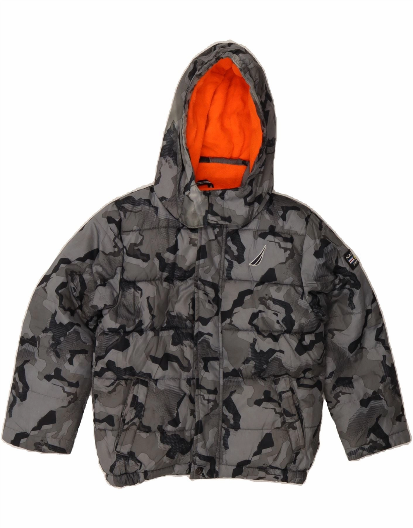 NAUTICA Boys Hooded Padded Jacket 5-6 Years Large Grey Camouflage Relaxed Fit Chilly Air