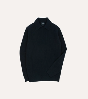 EcoFriendly Dyeing MultiDirectional Flexibility Navy Alpaca Lambswool Ribbed Integral Collar Jumper