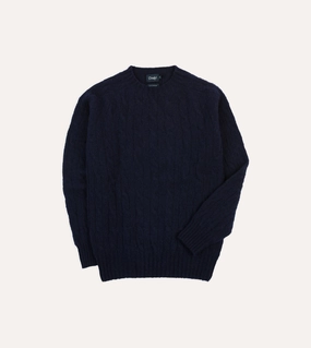 Navy Brushed Cable Knit Shetland Crew Neck Jumper Light Warmth