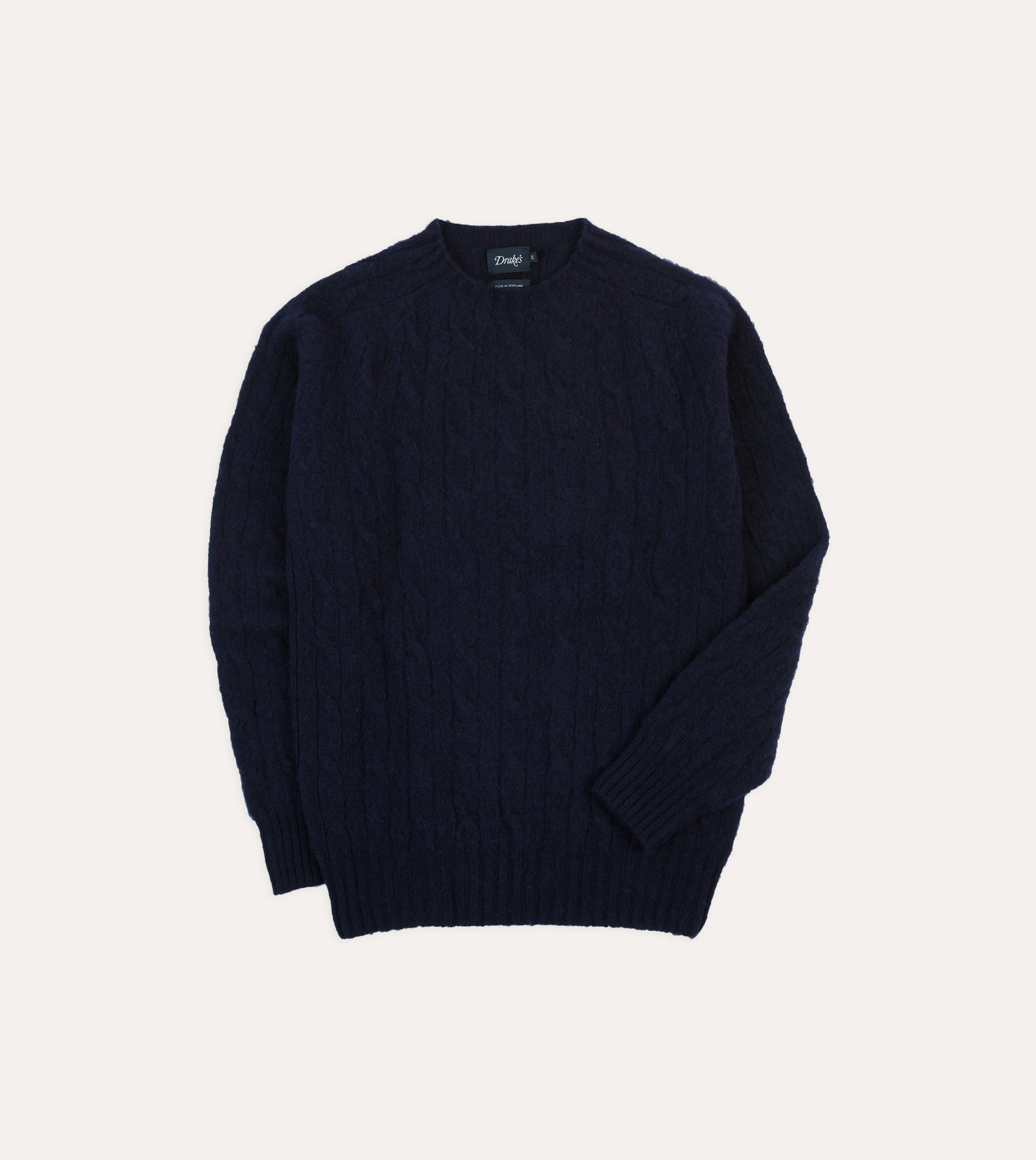 Navy Brushed Cable Knit Shetland Crew Neck Jumper Light Warmth