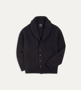 Navy Cashmere Shawl Collar Cardigan Zero Waste Knitting Technique Odor Resistant Fabric