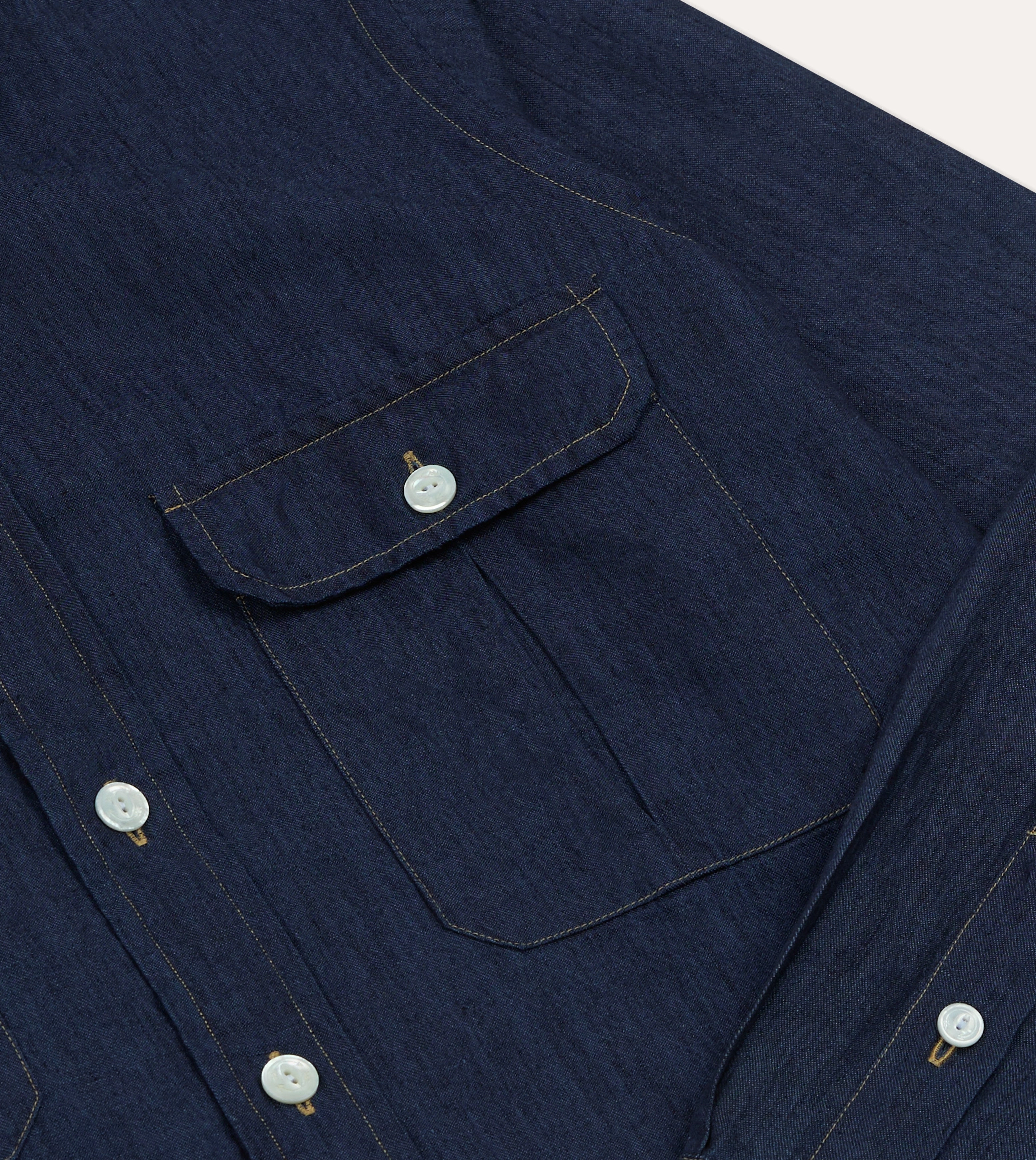 Navy Cotton Linen Two-Pocket Work Shirt Non Static Finish Casual Elegance