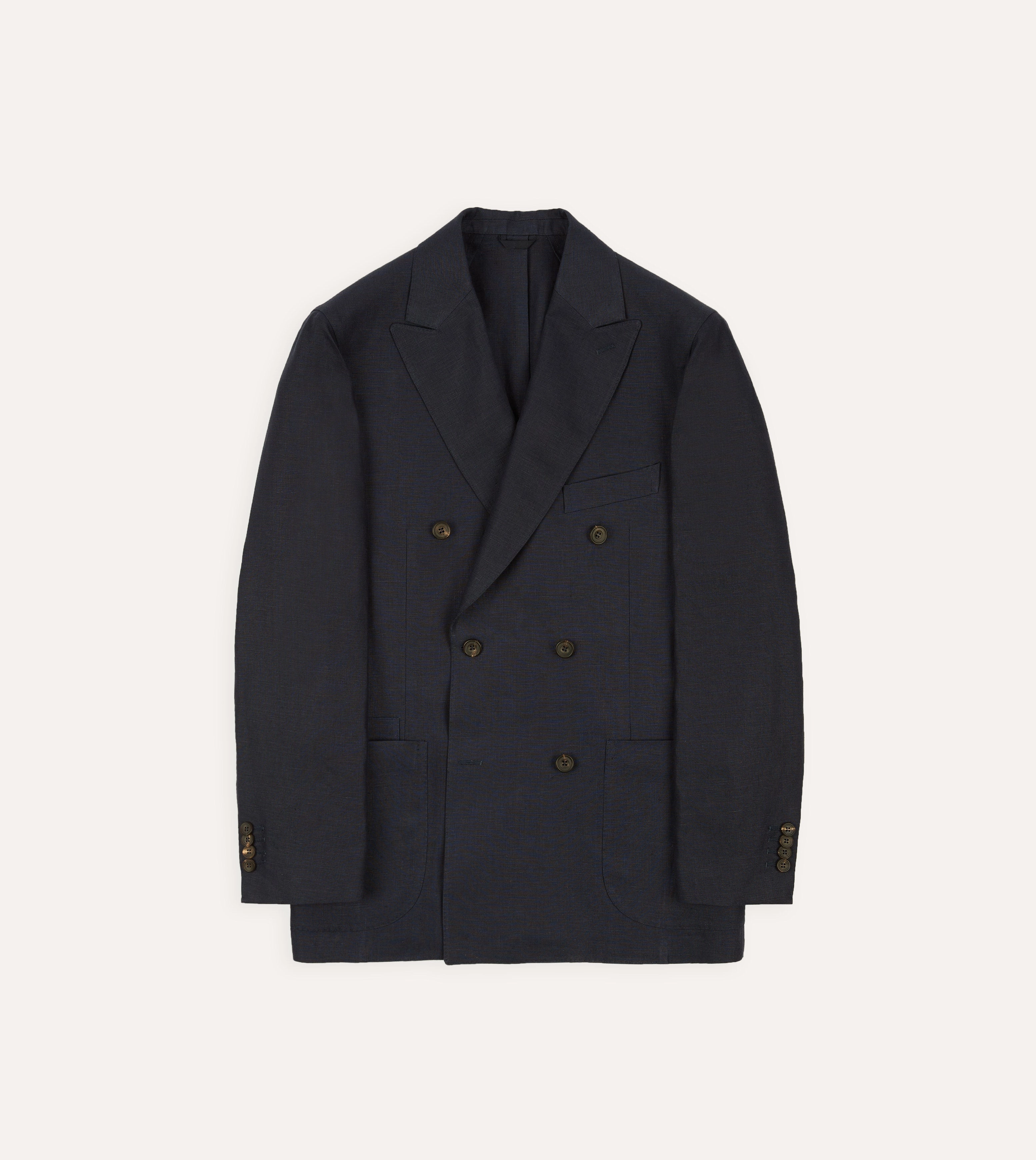 Sleek Comfort Wear Sculpted wear Navy Linen Double-Breasted Tailored Jacket