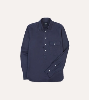 Performance Fabric Easy Styling Navy Linen Long Point Collar Popover Shirt