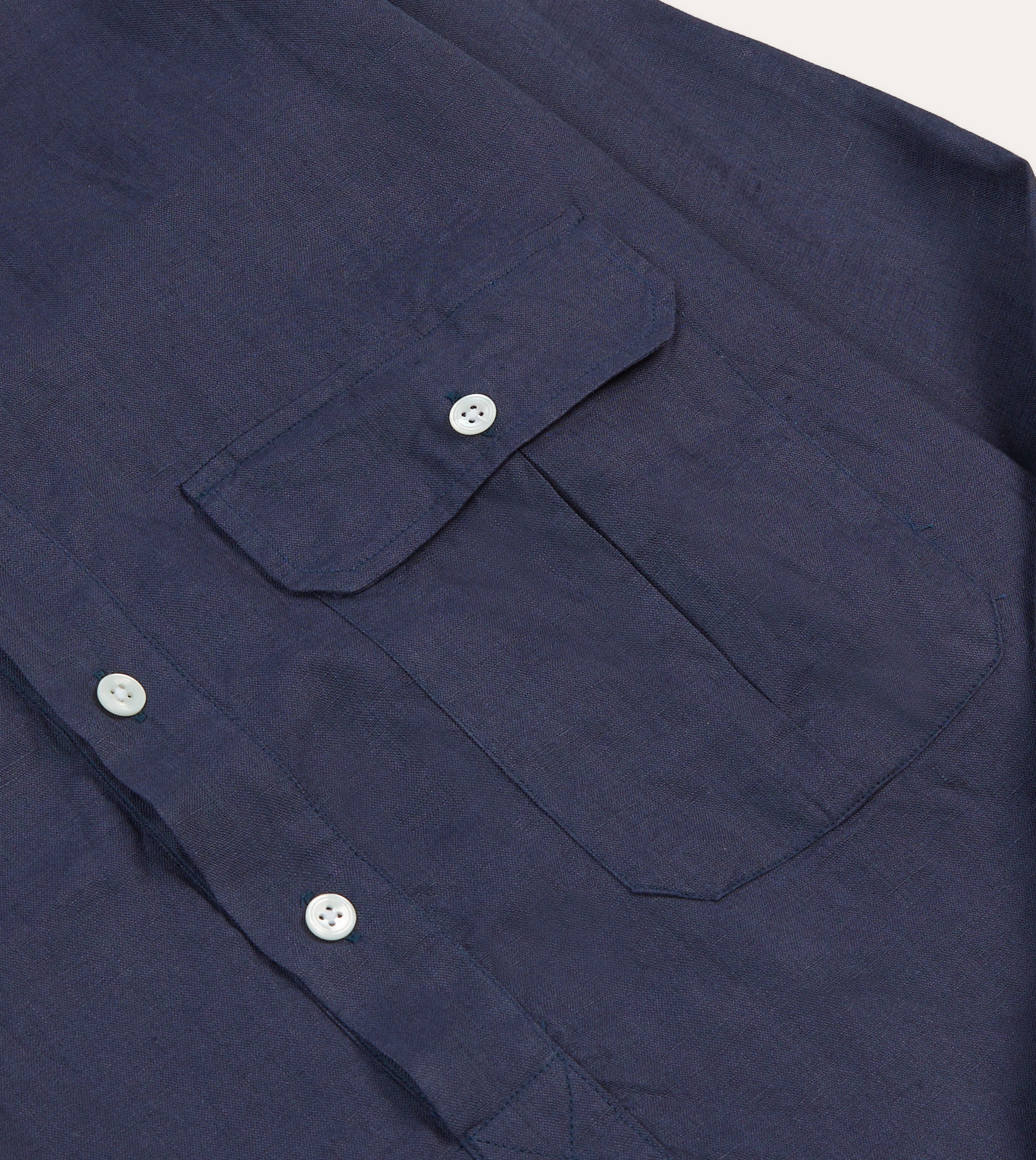 Navy Linen Long Point Collar Popover Shirt Double Stitched Seams