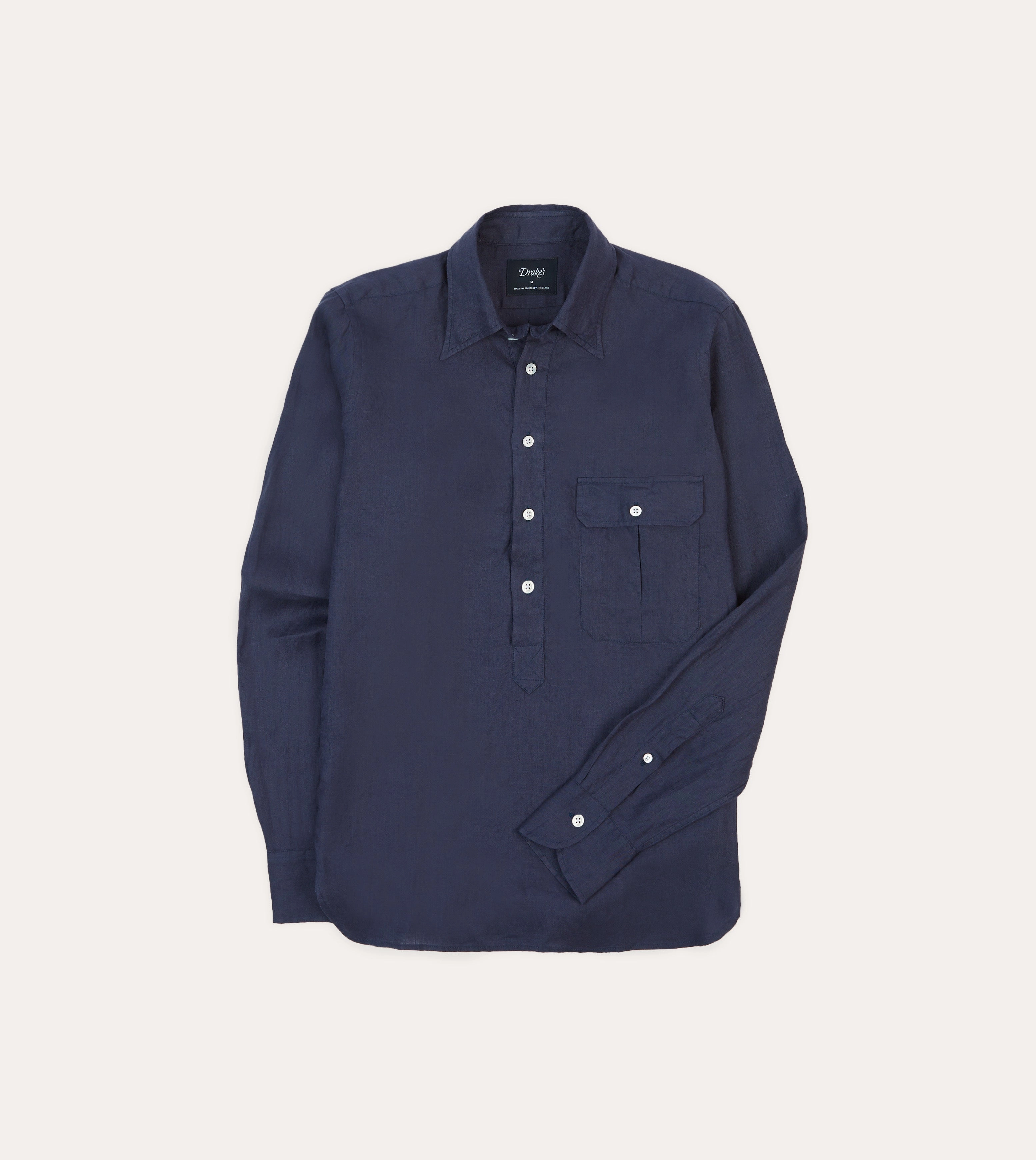 Performance Fabric Easy Styling Navy Linen Long Point Collar Popover Shirt