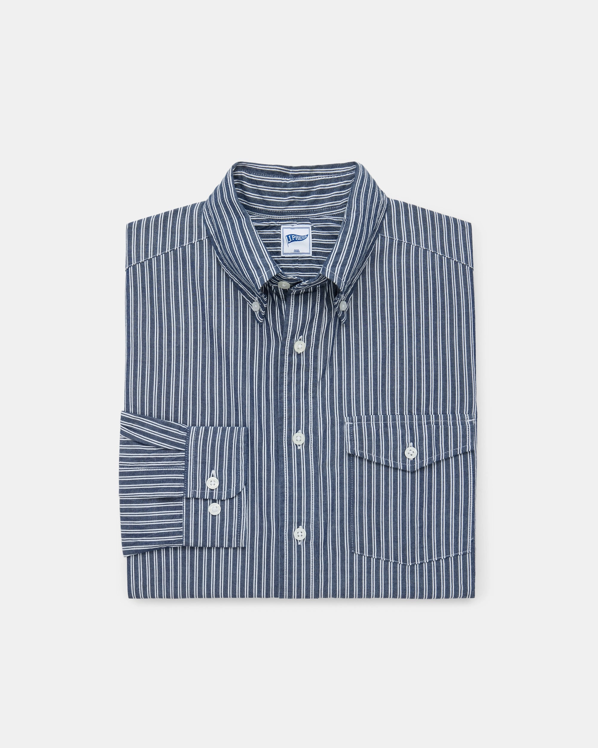 Navy Oxford Double Stripe Shirt - Trim Fit Relaxed Style Flexible Material