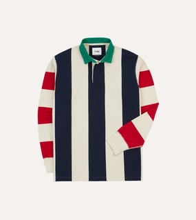 High Street Fashion Navy, Red and Ecru Vertical Block Stripe Cotton Rugby Shirt