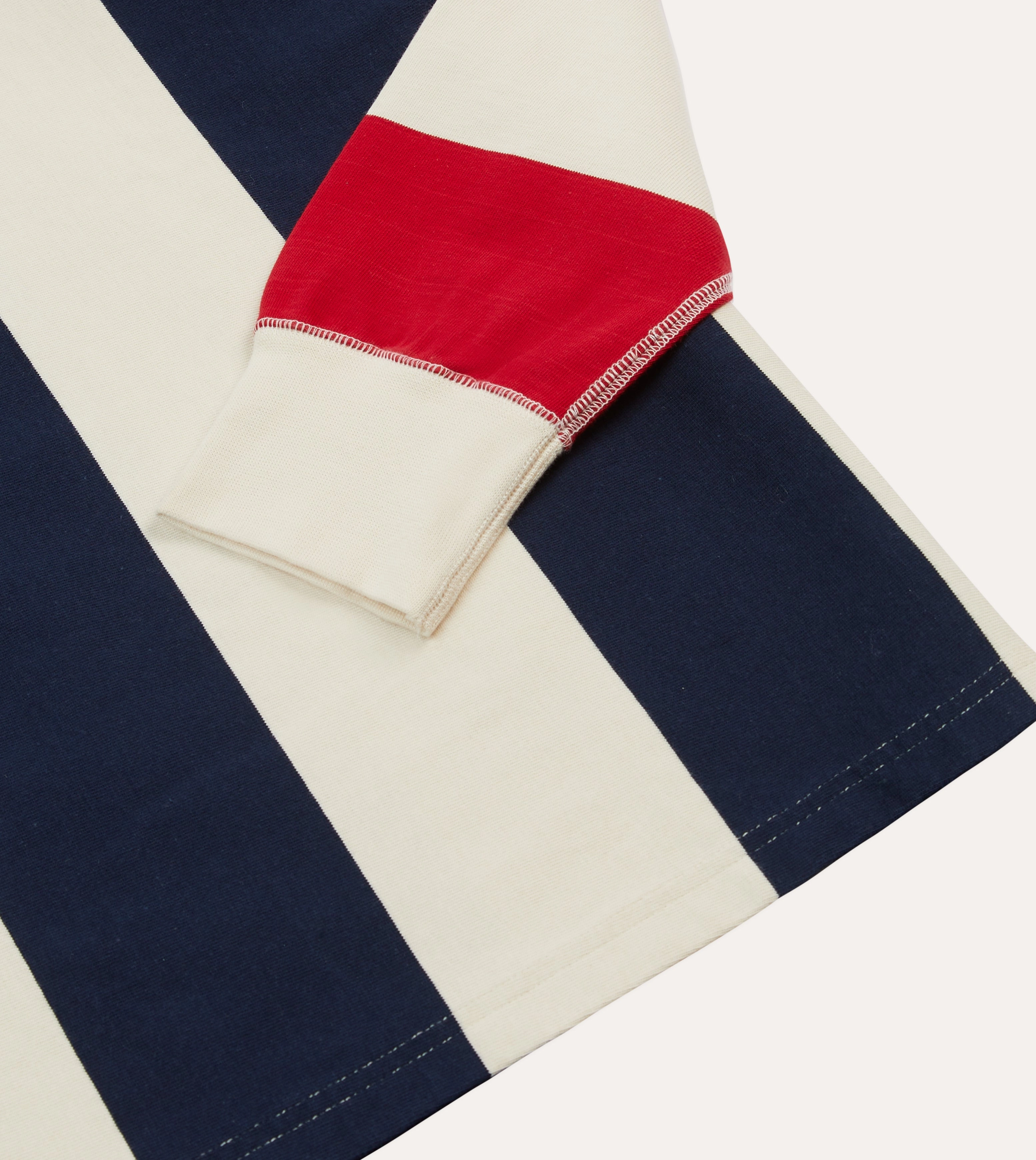 crew neck Adjustable Cuffs Navy, Red and Ecru Vertical Block Stripe Cotton Rugby Shirt