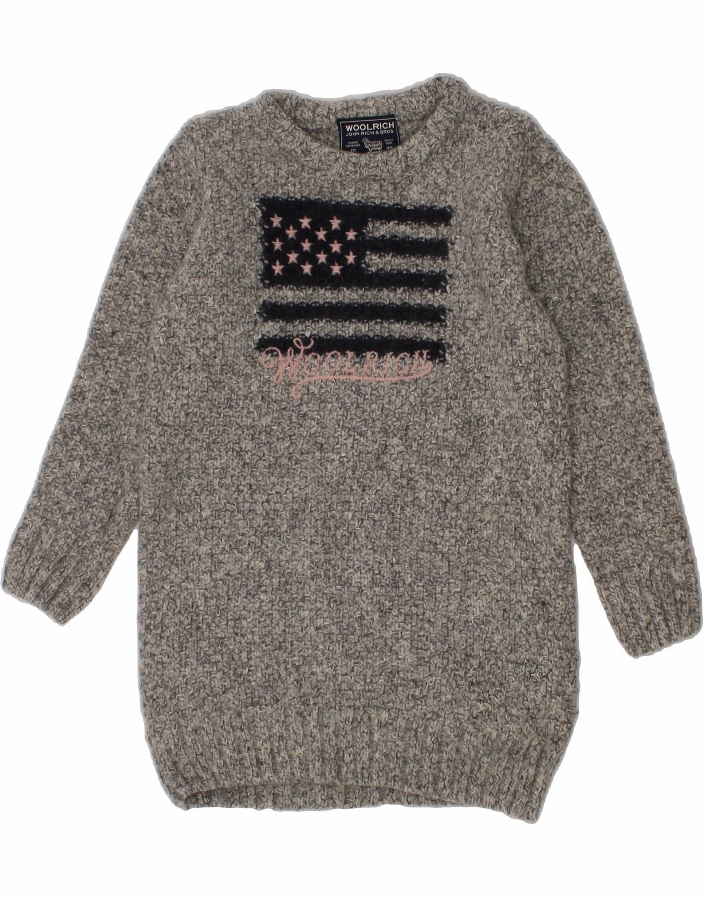 WOOLRICH Girls Graphic Long Sleeve Jumper Dress 3-4 Years Grey Classic Gentle Texture Silky Silhouette